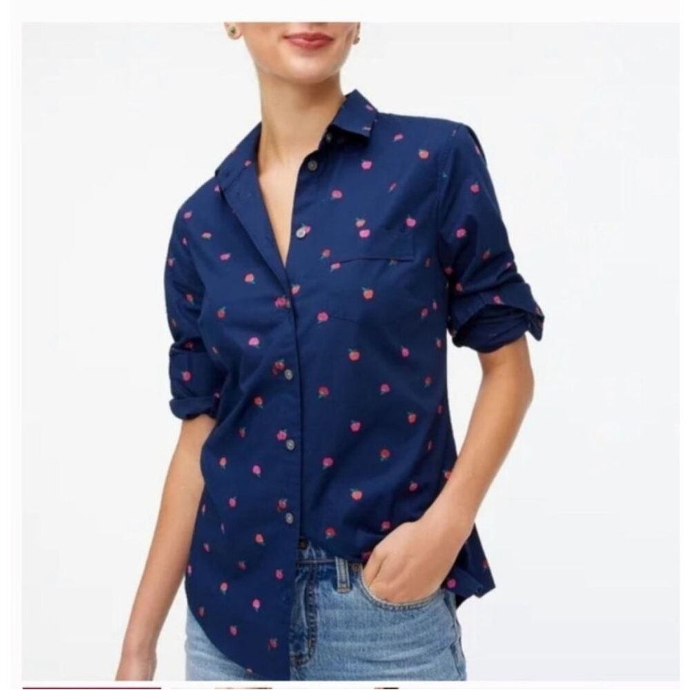 J. Crew Navy Poplin Shirt with Apple Print L